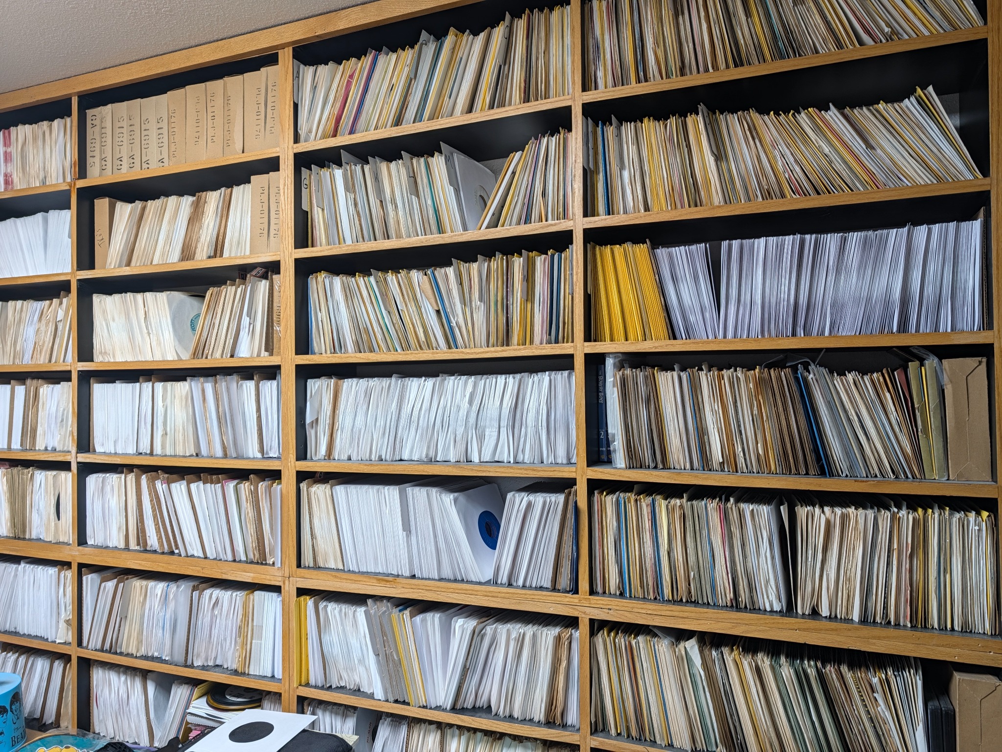 Shelves filled with vinyl records from the collection